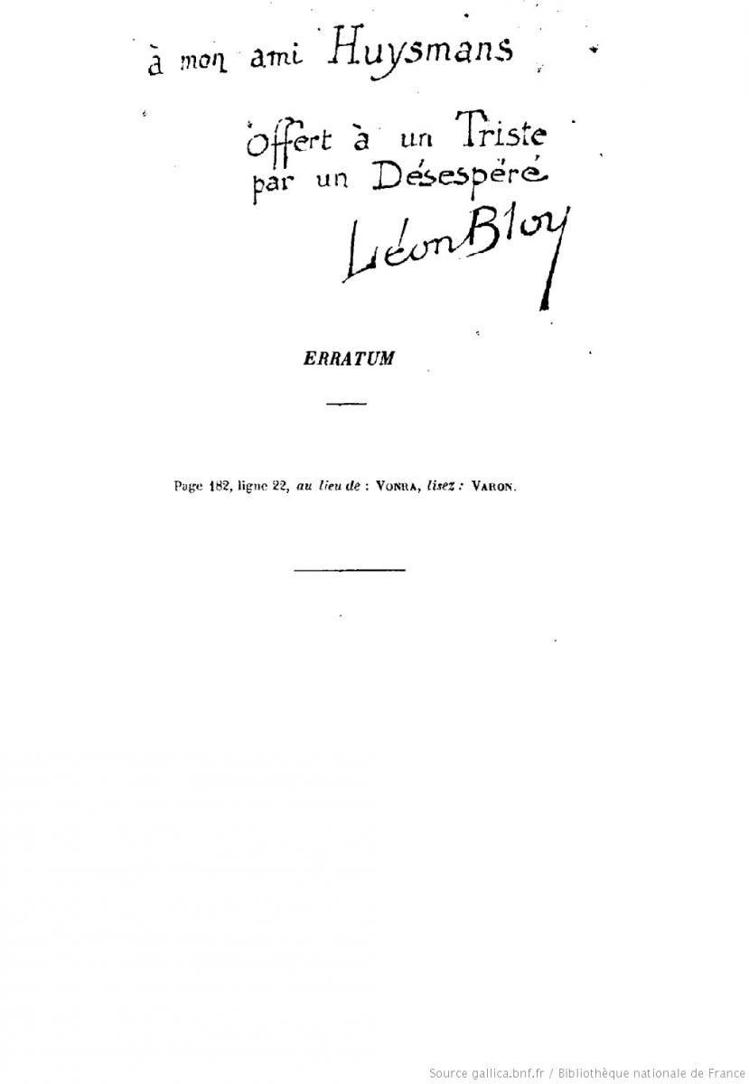 Envoi de Léon Bloy à Huysmans 