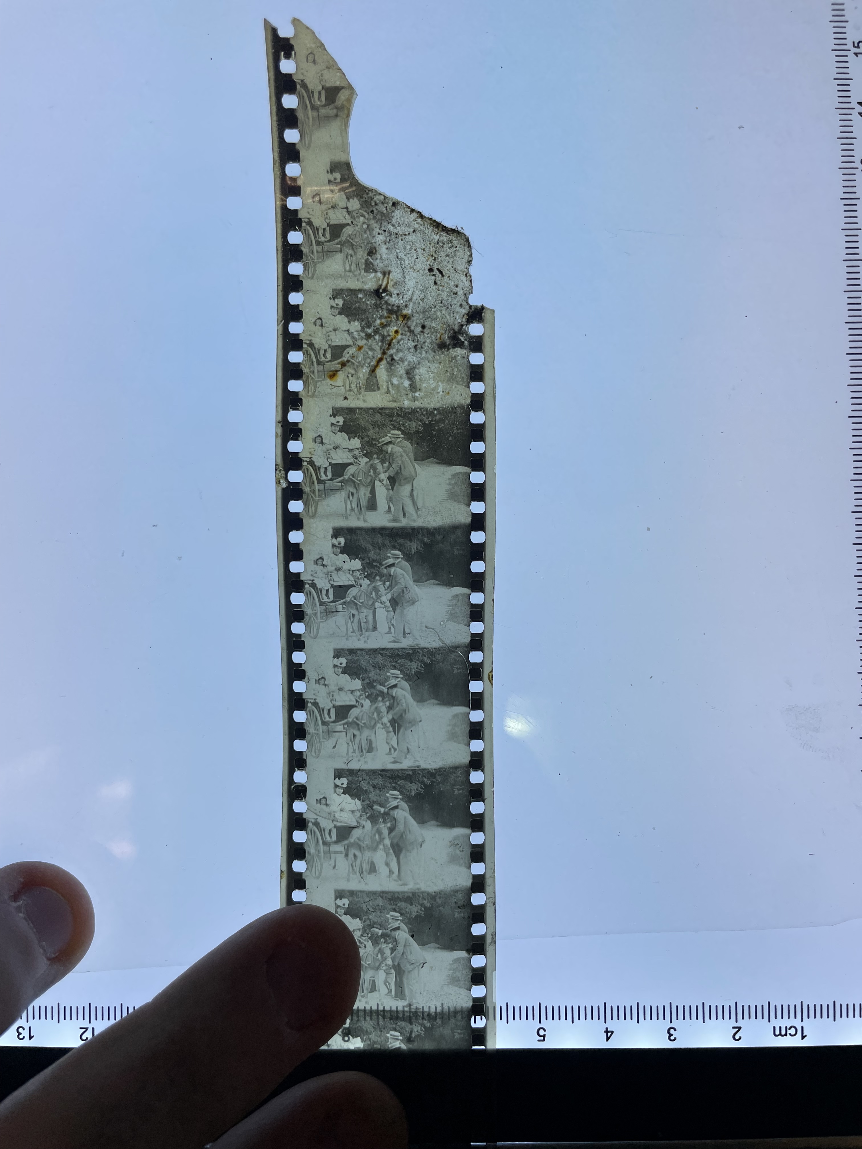 exemple de film 35 mm nitrate du fonds Arambourou, dont on peut apercevoir l’état avancé de dégradation.