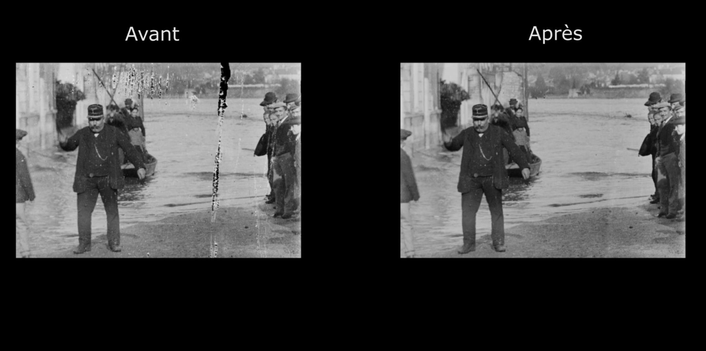exemple de restauration numérique réalisée. Image d’origine à gauche, image restaurée à droite.